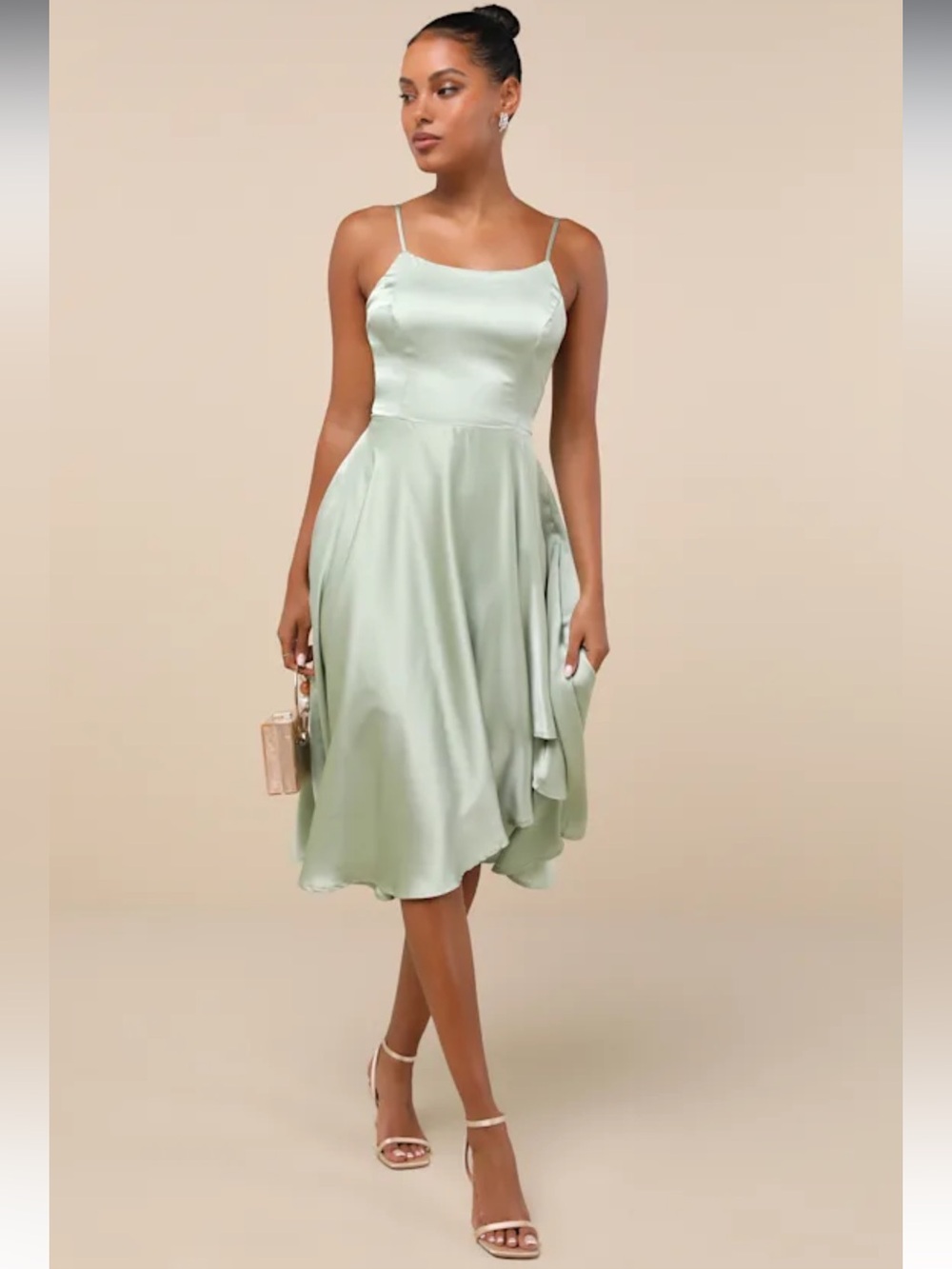 Satin High-Low Slip Dress in Sage Green